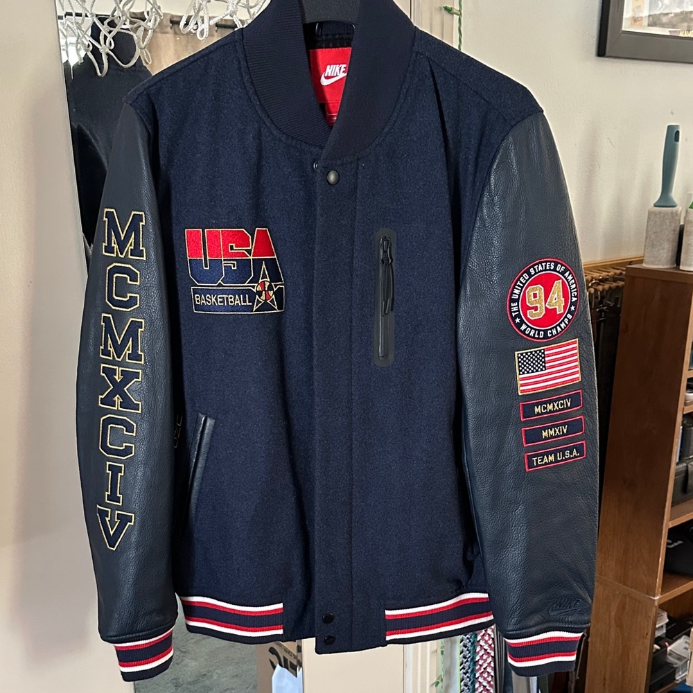 Nike Air Men's USA Basketball 1994 Leather Varsity Jacket Navy Large New w Tags